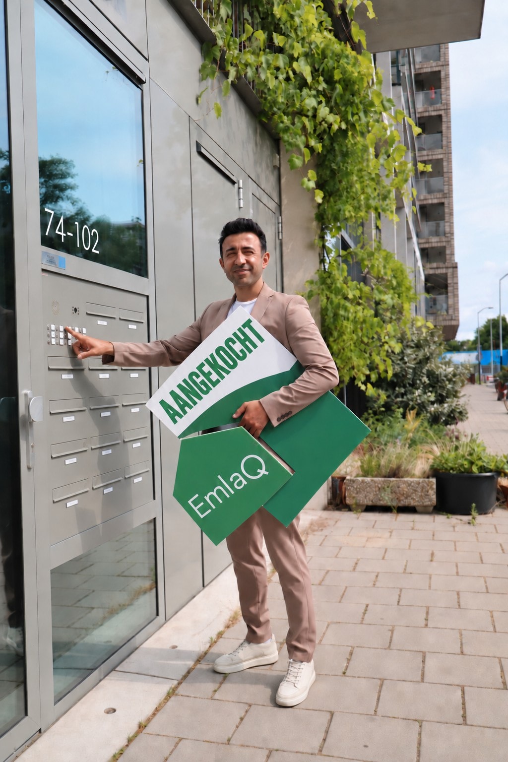 Bir apartman girişinde EmlaQ Hollanda 'Aangekocht' tabelalarını tutan emlak danışmanı